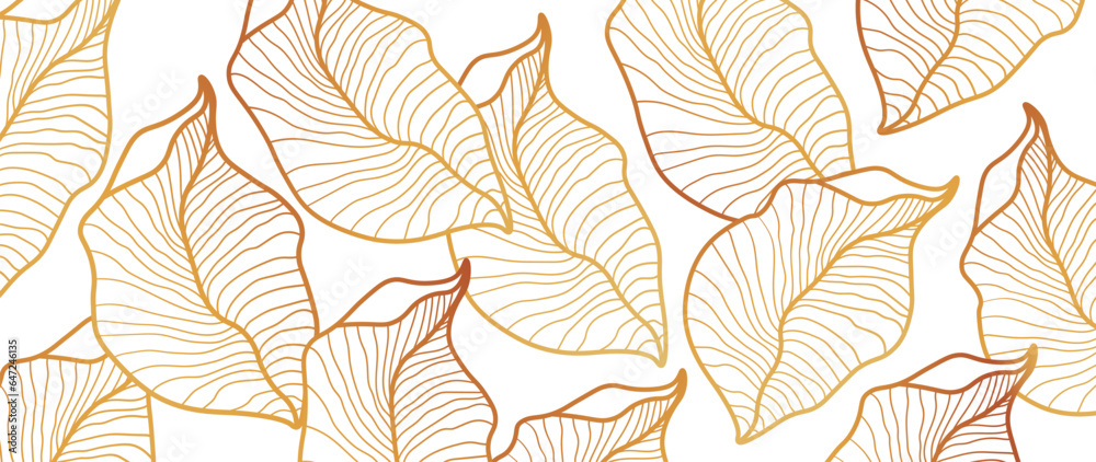 Tropical gold leaves wallpaper, Luxury nature leaf pattern design, gold leaf lines, Hand drawn outline fabric, print, cover, banner and invitation