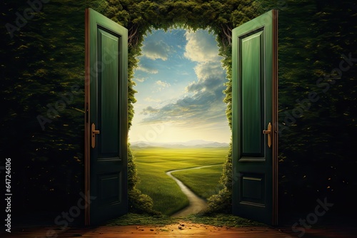An open door stands in a green landscape