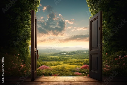 An open door stands in a green landscape photo