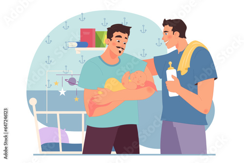 Happy homosexual family in the children's room. Gay couple parents