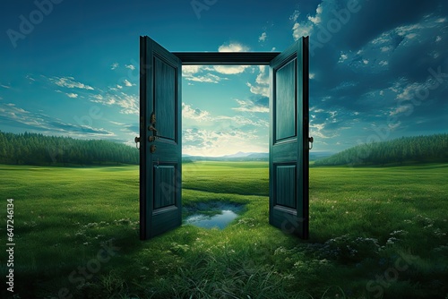 An open door stands in a green landscape