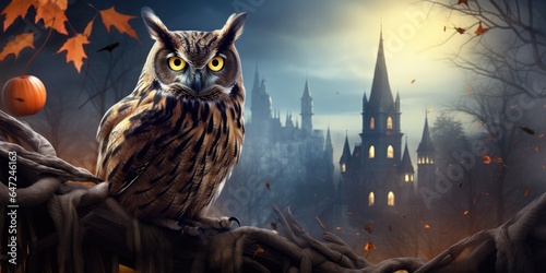 An owl sitting on a branch in front of a castle