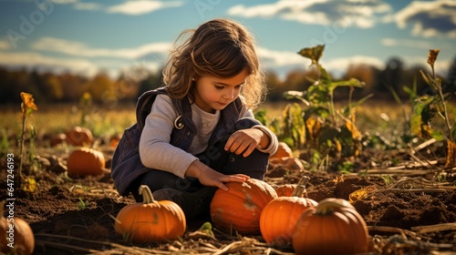 Beautiful little girl helping to harvest pumpkins growing in field on sunny autumn day. Child picking pumpkins on Halloween.