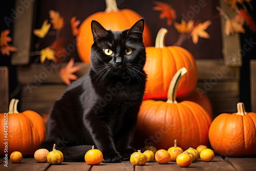 Black cat among pumpkins autumn atmosphere © Tymofii