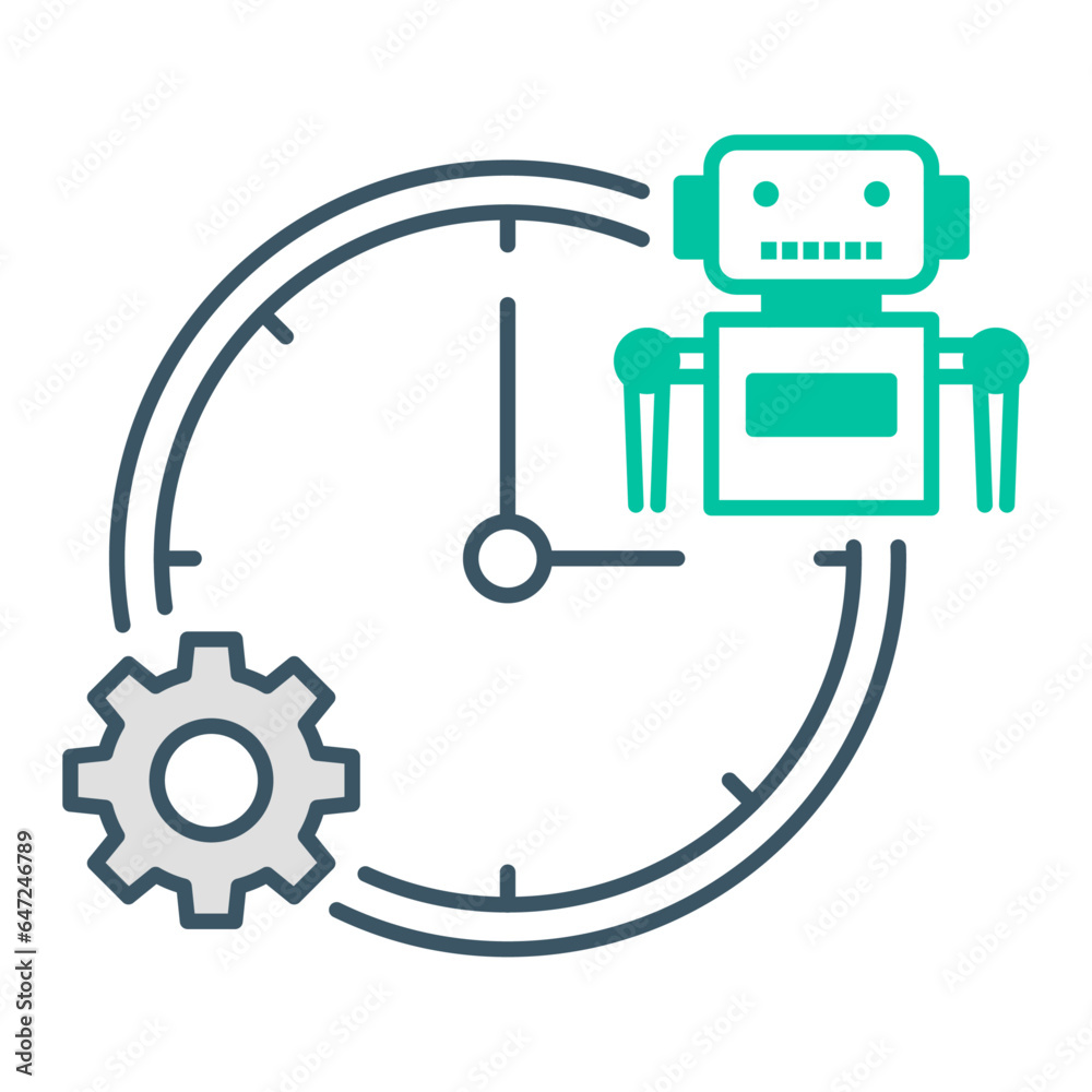 Simple vector icon for RPA Efficiency, Time Savings, AI, clock with bot, robotic process automation icon editable stroke on white background. Simple vector icon for RPA Efficiency, Time Savings, AI, clock with bot, robotic process automation icon editable stroke on white background.