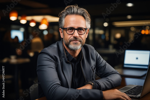 Man with glasses sitting at table with laptop computer.