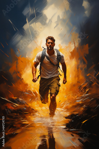 Man running through fire filled field with backpack on.