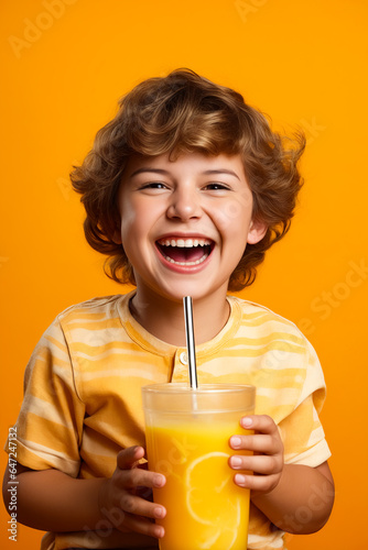 Young boy holding glass of orange juice and smiling at the camera.