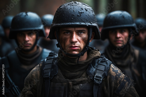 Man in helmet is surrounded by other men in uniform. © valentyn640