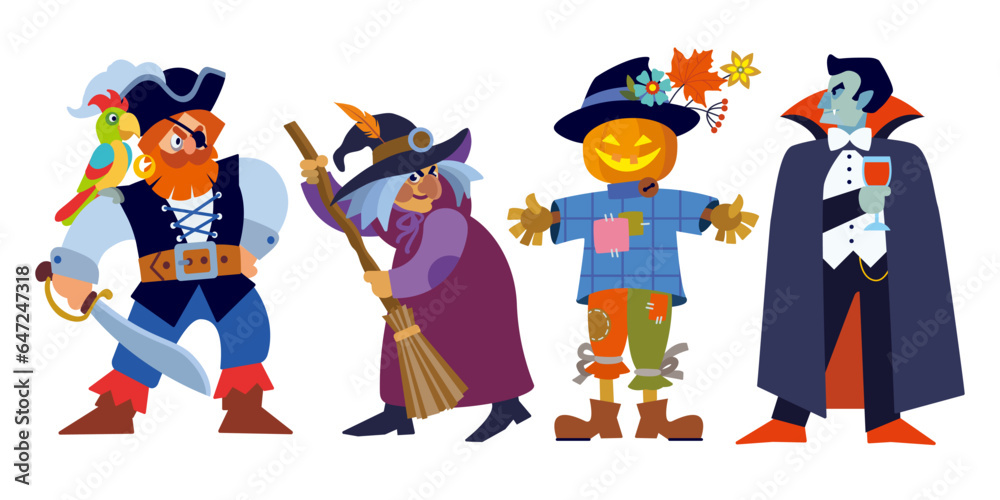Vector cartoon halloween characters set: witch with broom, vampire with glass of blood, scarecrow with pumpkin head, one-eyed pirate with sword. Flat isolated illustration. Vector cartoon halloween characters set: witch with broom, vampire with glass of blood, scarecrow with pumpkin head, one-eyed pirate with sword. Flat isolated illustration.