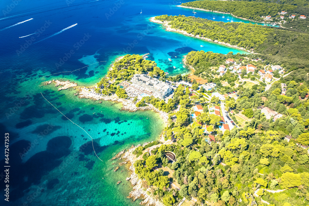 Island of Rab idyllic turquoise coastline in Kampor aerial view