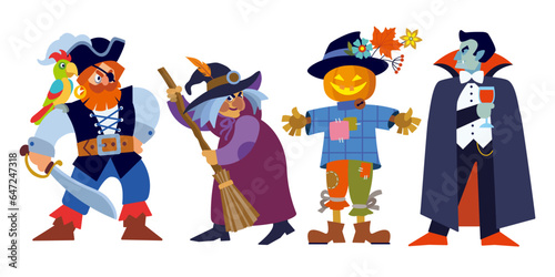 Vector cartoon halloween characters set: witch with broom, vampire with glass of blood, scarecrow with pumpkin head, one-eyed pirate with sword. Flat isolated illustration.