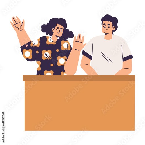 Litigation with Man and Woman at Tribune at Courtroom Engaged in Settlement Vector Illustration