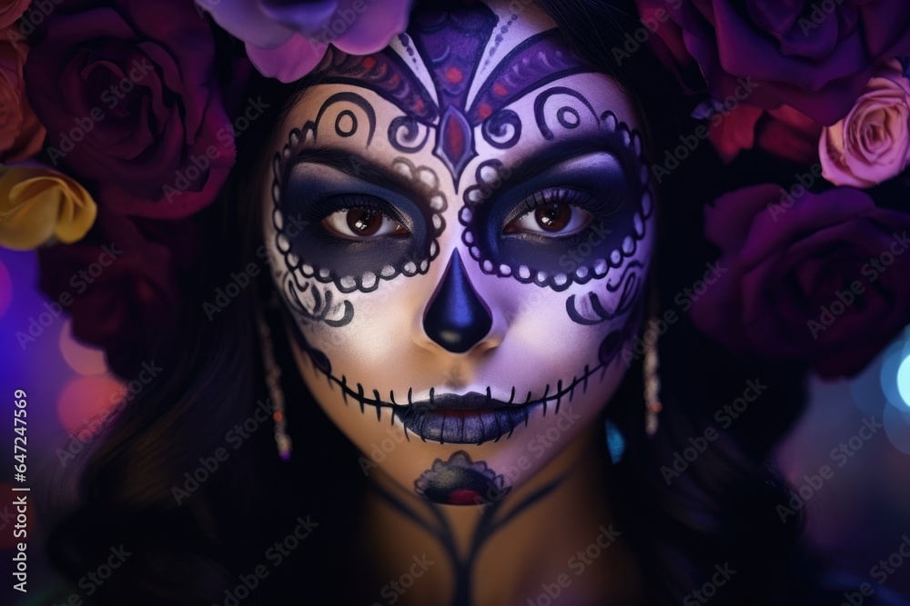 Portrait of a pretty brunette with festive day of the dead makeup and flowers on her head, close-up. Portrait of a pretty brunette with festive day of the dead makeup and flowers on her head, close-up.