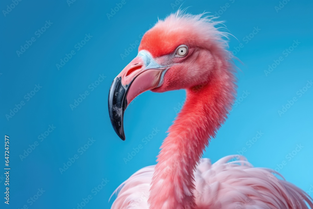 Obraz premium Portrait of a pink flamingo in profile on a blue background.