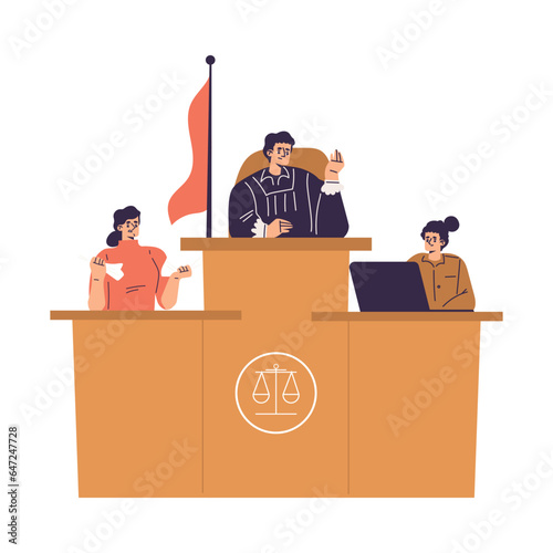 Litigation with Man Judge Character at Desk in Courtroom Engaged in Settlement Vector Illustration