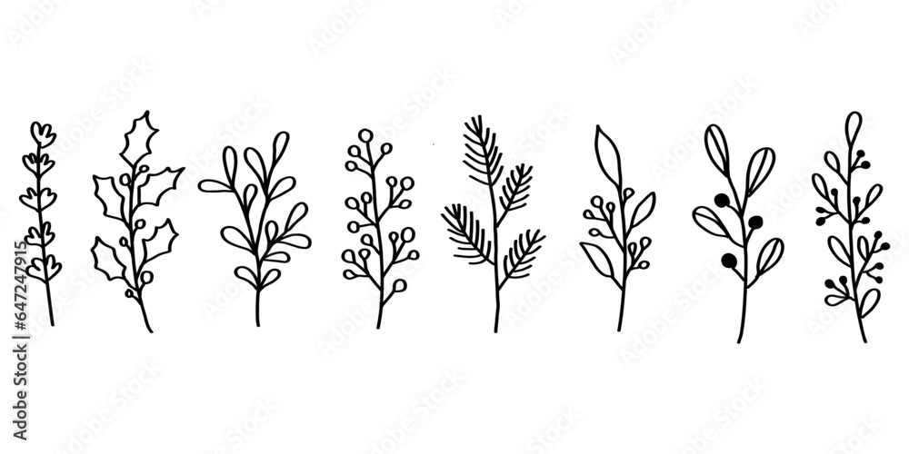 Christmas plant leaf, flower set. Hand drawn doodle sketch holly floral, christmas tree leaves, winter branch elements. Holiday decoration, rustic wreath sketch doodle. Vector illustration.