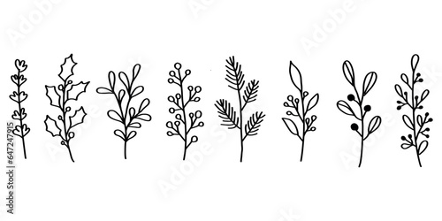 Christmas plant leaf, flower set. Hand drawn doodle sketch holly floral, christmas tree leaves, winter branch elements. Holiday decoration, rustic wreath sketch doodle. Vector illustration.
