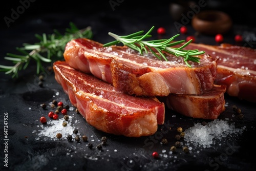 Fresh raw bacon cut into slices with salt photo