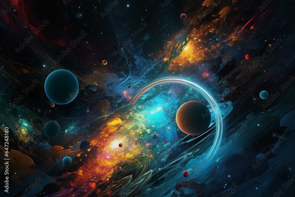 Vibrant cosmic artwork displaying planets, stars, and comets. Generative AI