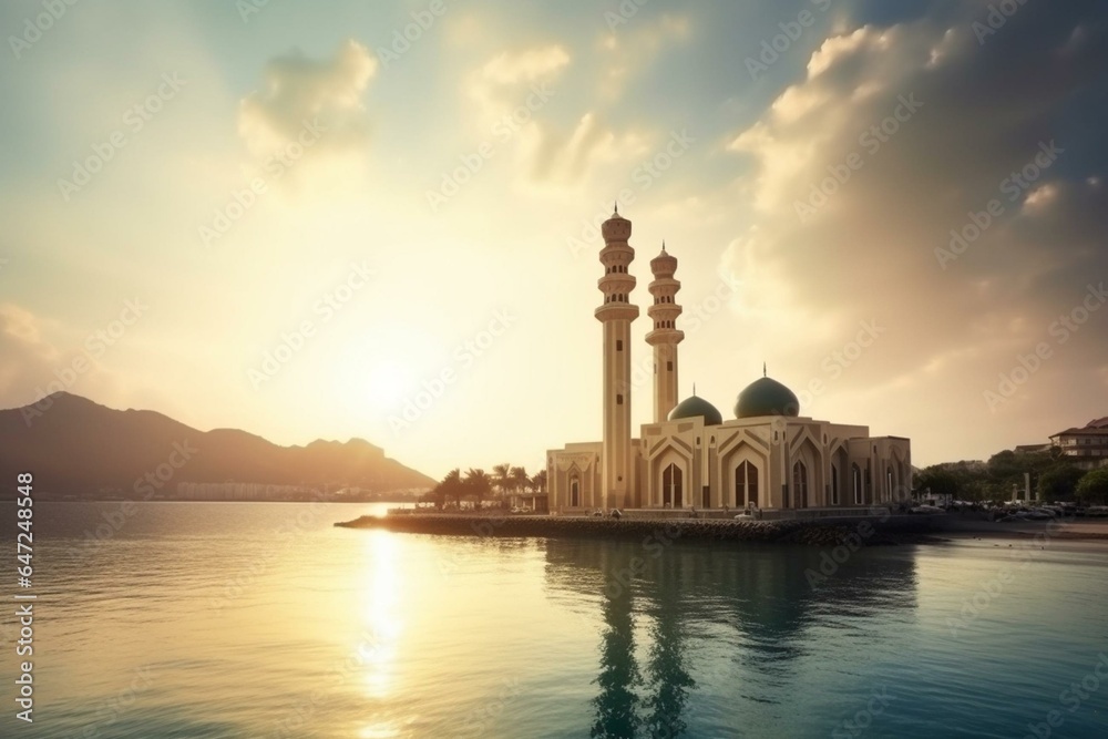 Ornate mosque with Arabic architecture style, featuring sun, sea, and Ramadan Kareem festival. Muslim community gathering. Generative AI