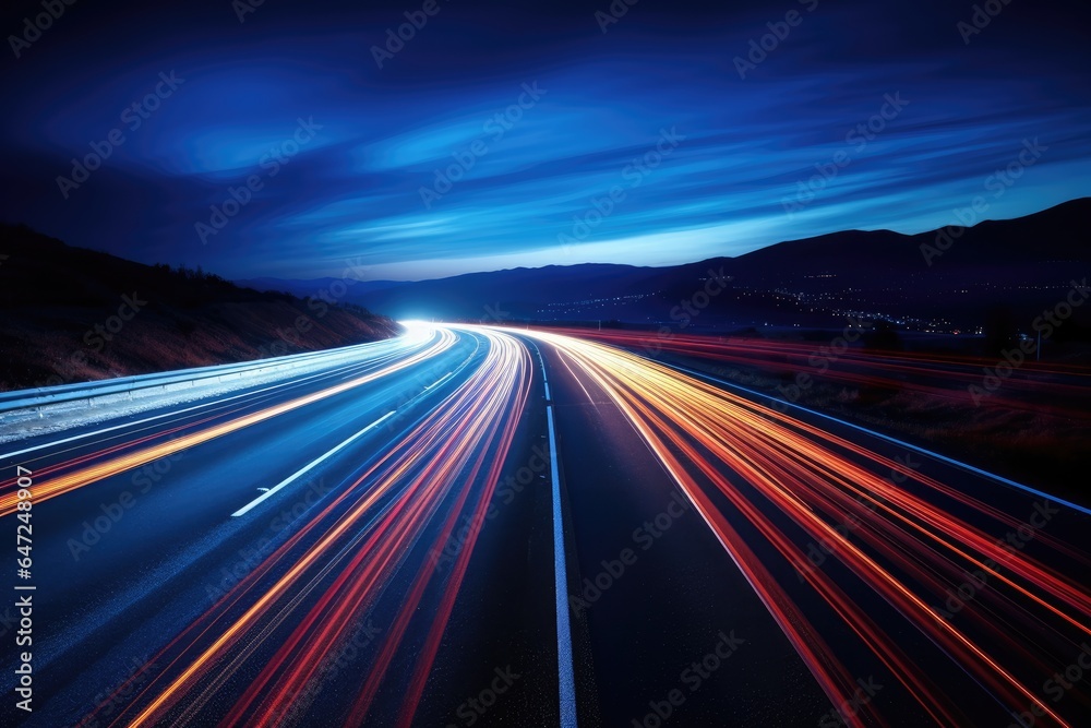 Moving car lights on highway at night long - obrazy, fototapety, plakaty 