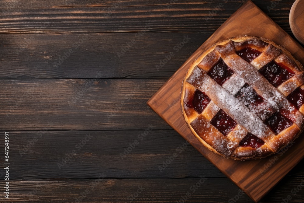 Overhead view of delicious jam pie on brown Overhead view of delicious jam pie on brown