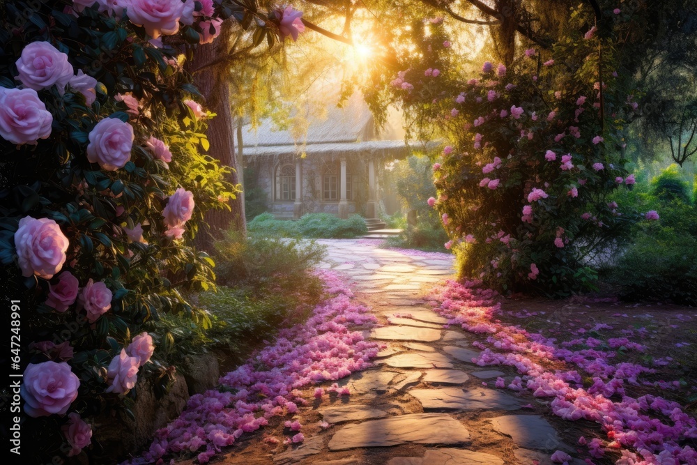 Path flowers building background