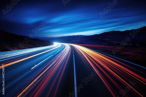 Moving car lights on highway at night long photo