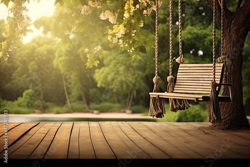 Fotomural Old wooden terrace with wicker swing hang