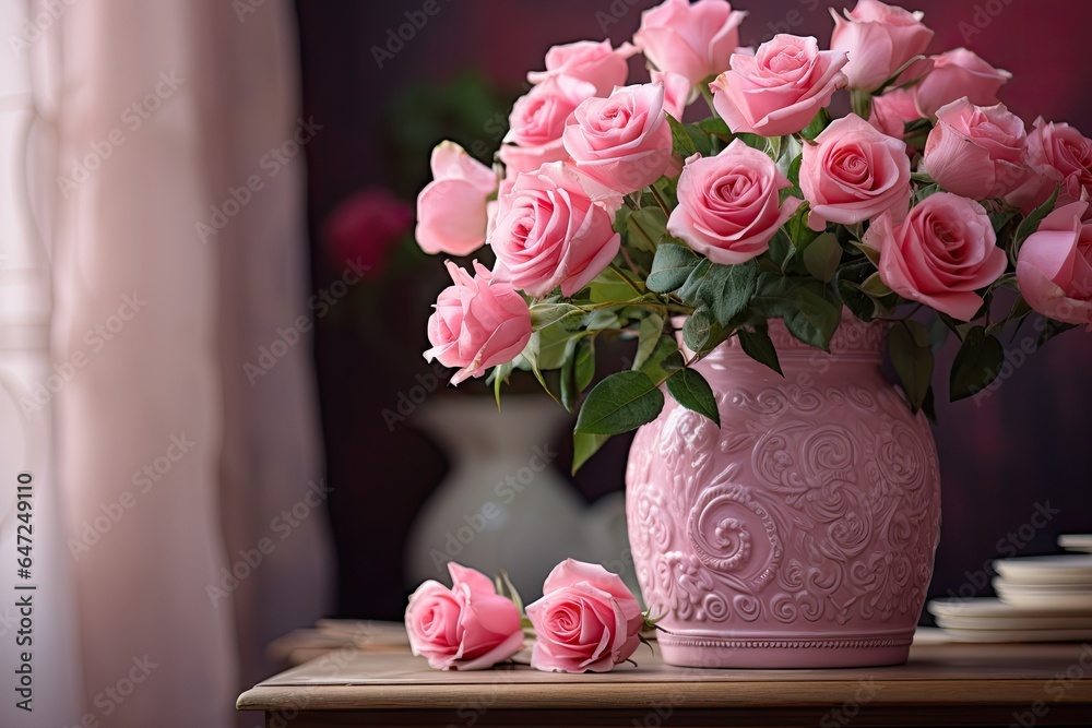 Pink rose vase on the table Pink rose vase on the table
