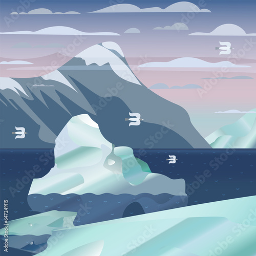 Arctic landscape with mountains and glaciers floating in sea. Vector cartoon illustration of northern nature scene with snow on the mountains  seagulls and melting ice on water surface