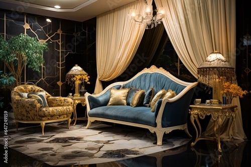 Opulent lounge with cozy couch, elegant drapes, marble flooring, and decorative display space. Generative AI