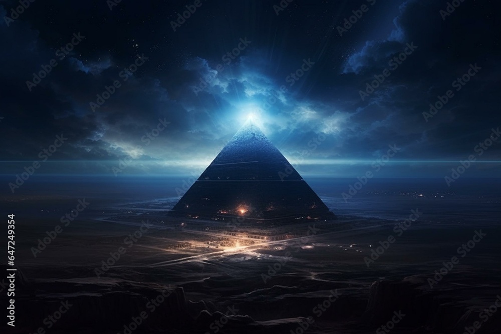 An otherworldly, unconventional pyramid in celestial expanse, amidst a limitless emptiness. Generative AI