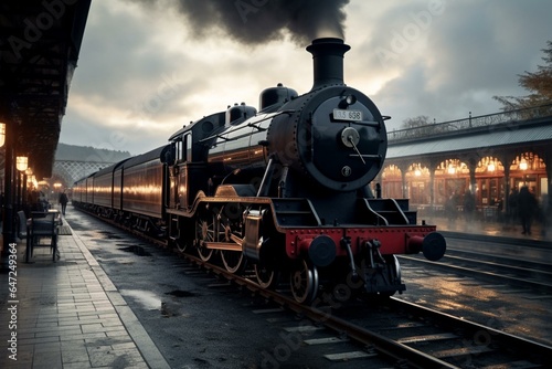 Classic steam train parked at station. Lovely nostalgic ambiance. Generative AI