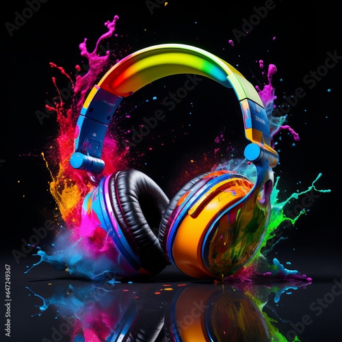 Headphone With Colors On Dark Background, color splash