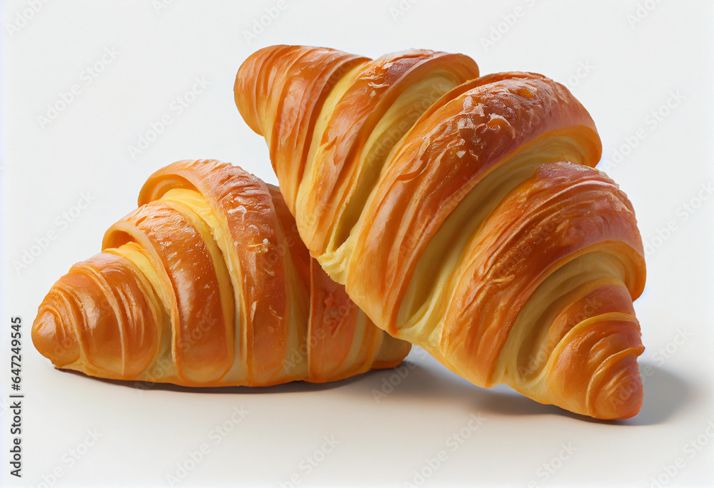 Croissants placed on a white background in authentic detail style hyper realistic.