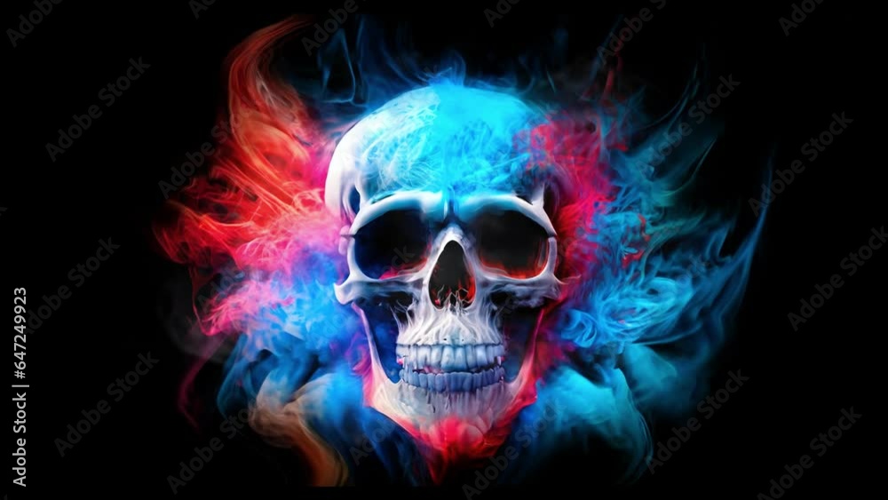 Skull head with abstract colored smoke explosion. 4k quality looping video Skull head with abstract colored smoke explosion. 4k quality looping video