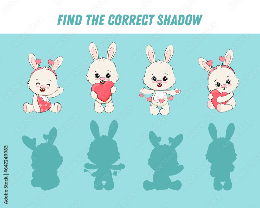 Find correct shadow of cute bunny. Educational logical game for kids. Cartoon white rabbit.
