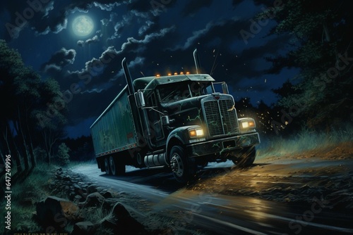 Driving truck, wrong side, night. Generative AI