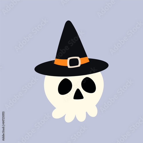 Cute hand drawn Halloween skull in a hat. Human remains sticker. Creepy but charming skull. Vector stock illustration on isolated purple background.