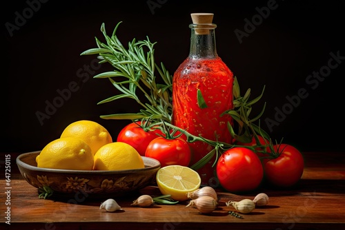 Tomatoes tomatoes lemon leaves garlic bottle