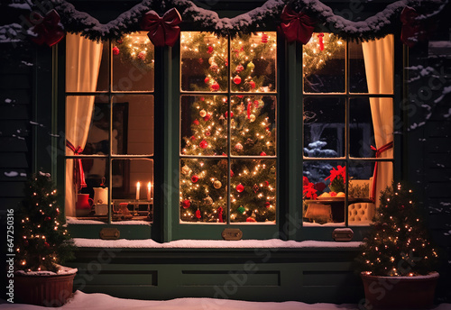 Outside look through the window into a house decorated for Christmas