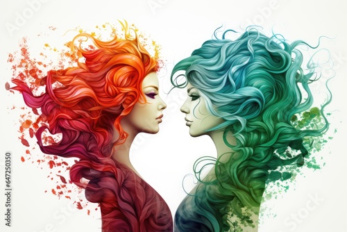 Two women with colorful hair and leaves in love © Tymofii