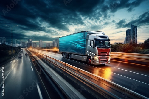 Fast truck delivering cargo on busy highway. Generative AI