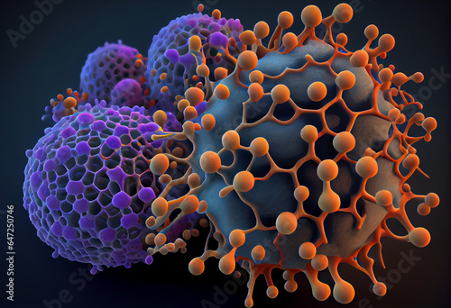 Small cancer cells agglutinate in clusters, 3d image size hyper realistic.