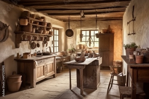 Vintage kitchen in historic house with stucco walls, wooden beams, oak furniture, antique utensils. Generative AI