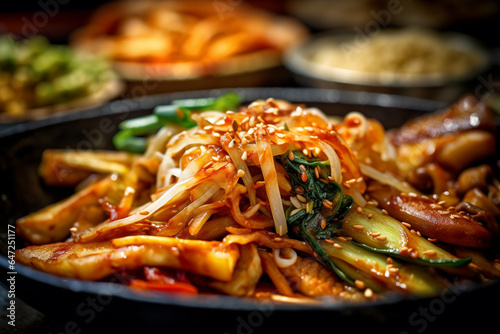 Asiatic food with hot curry sauce. Vegetables in red sweet traditional asiatic sauce. Street food. AI Generative