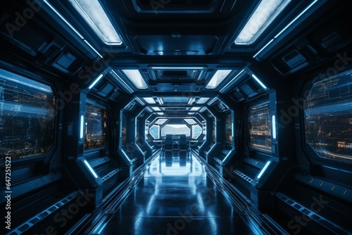 Brightly-lit spaceship interior with illuminated windows. Generative AI photo