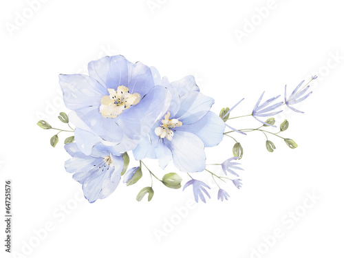 Tablou canvas Watercolor delphinium floral bouquet png, elegant wedding arrangement, blue blossom flowers